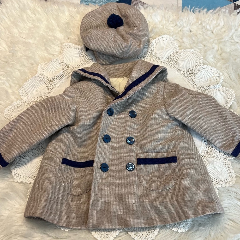 Vintage Homemade Infant Toddler Pea Coat Jacket and Hat Beige Blue No Size Tag